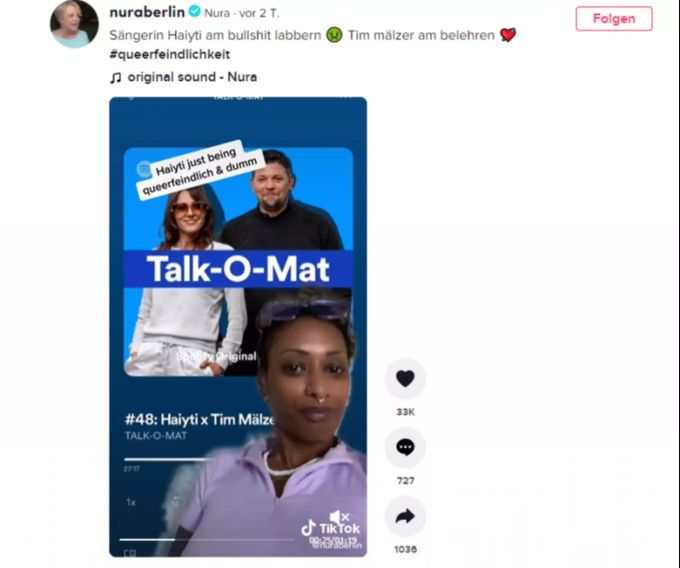 Nura kommentiert die homophoben Äusserungen ihrer Berufskollegin. Nura
