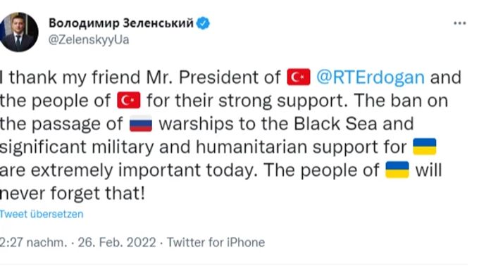 Auf Twitter dankte der ukrainische Präsident der Türkei für ihre Unterstützung. Doch von türkischer Seite wird dementiert, die Entscheidung sei noch nicht gefallen. ukraine konflikt