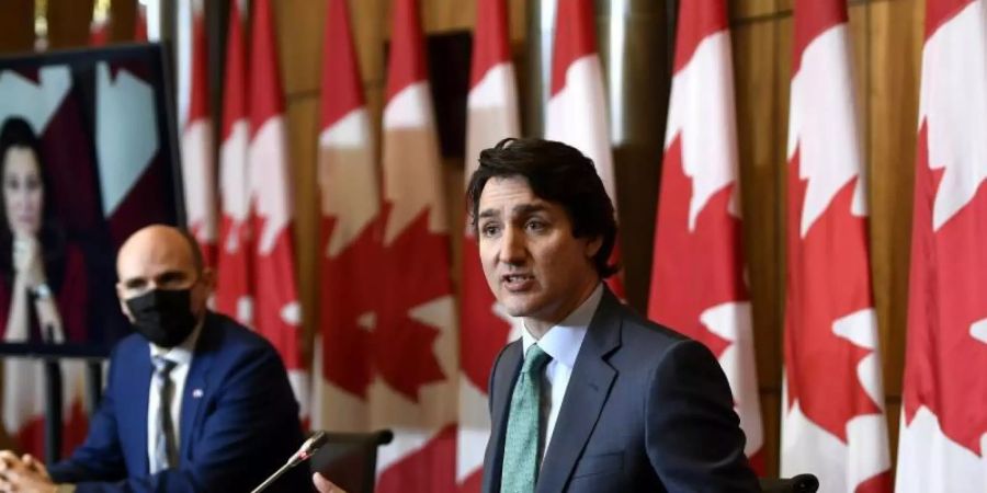 Kanadas Premierminister Justin Trudeau bei einer Pressekonferenz zum Coronavirus. Foto: Justin Tang/The Canadian Press via ZUMA/dpa