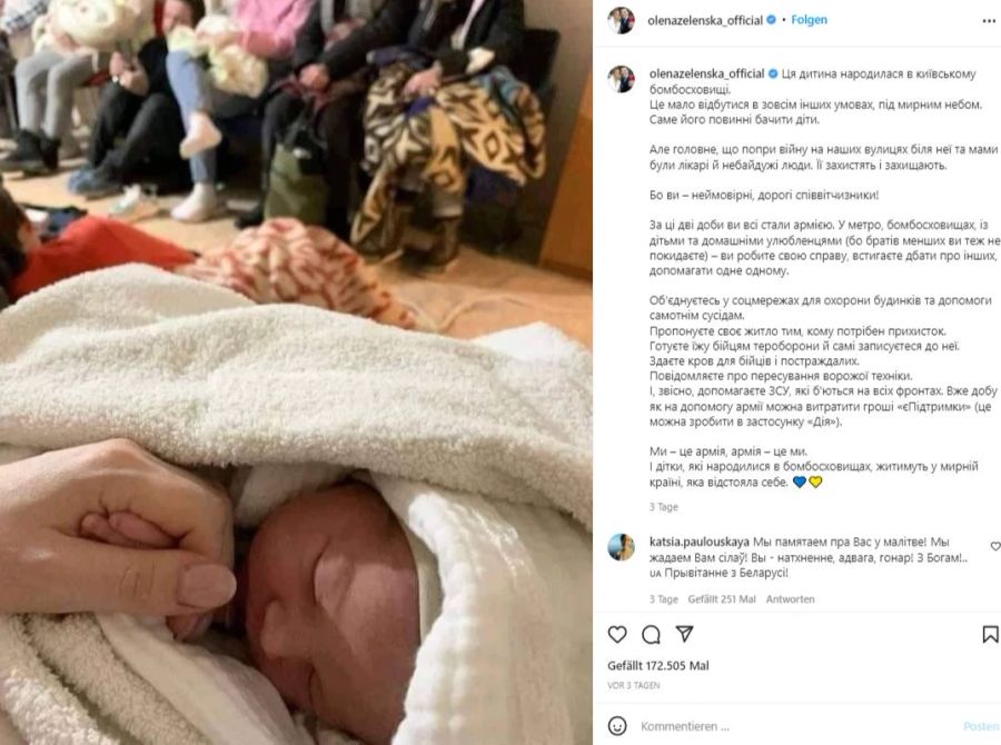 Olena teilt ein Foto eines Babys, das in einem Luftschutzbunker zur Welt kam.