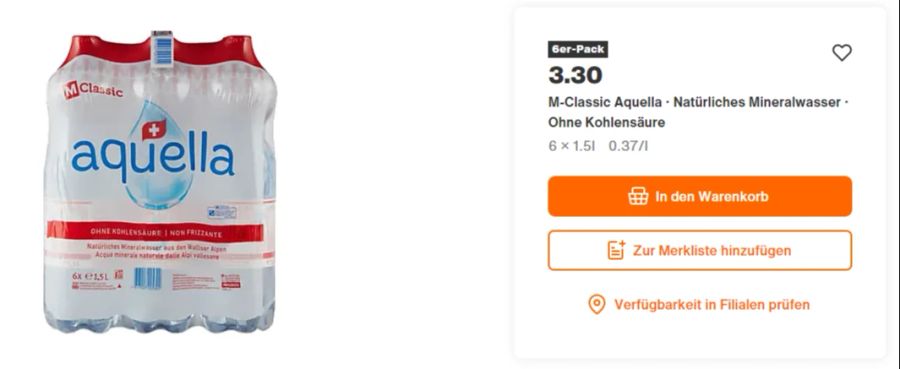 Bei Migros Online gibt es aber nur die Marke Aquella für 3.30 Franken.