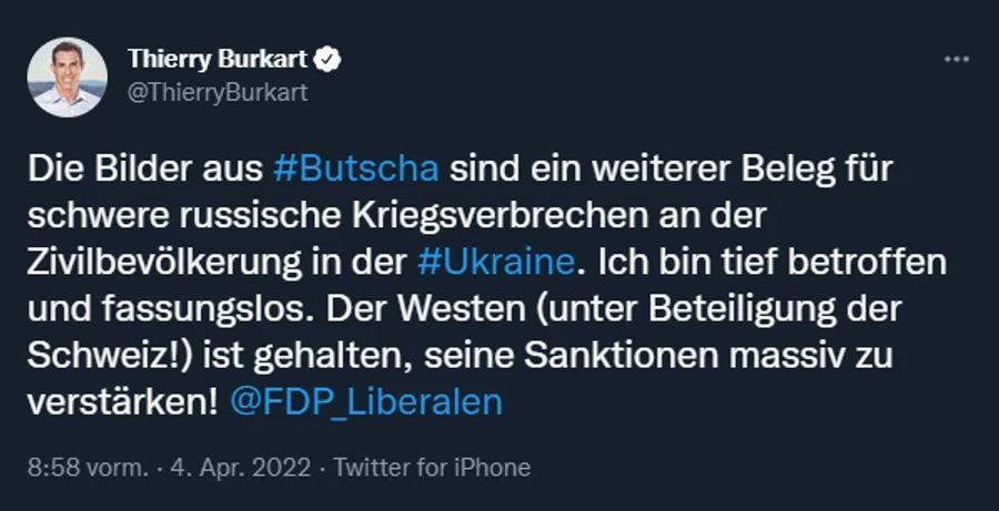 FDP-Präsident Thierry Burkart fordert den Westen dazu auf, die Sanktionen gegen Russland massiv zu verstärken.