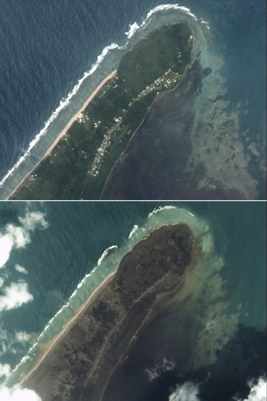 So sieht das Dorf Kanokupolu auf der Tonga-Insel Tongatapu vor (oben) und nach dem Vulkanausbruch aus.