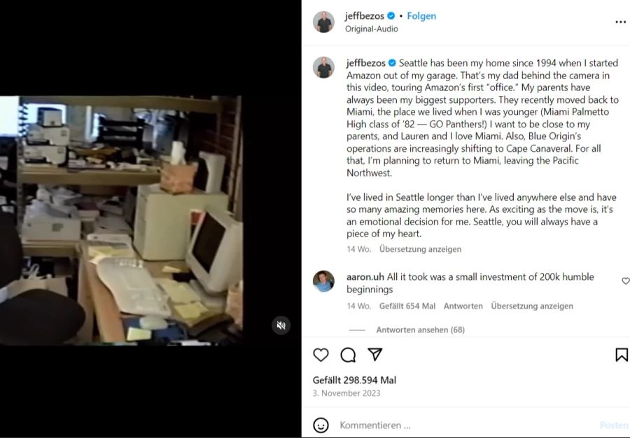 Jeff Bezos erklärt auf Instagram, warum er nach Miami gezogen ist.