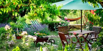 grüner garten, gartenmöbel, sommer