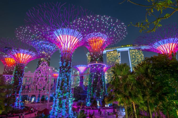 Die Supertrees by the Bay bieten vor allem nachts einen spektakulären Anblick. Nachtansicht des Supertree Grove in Gardens by the Bay Singapur.