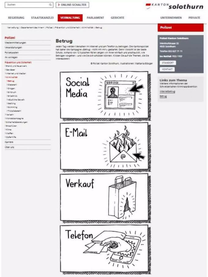 Der Kanton Solothurn erläutert die verschiedenen Betrugsmaschen im Internet, am Telefon oder via Social-Media. Screenshot der Internetseite des Kanton Solothurns.