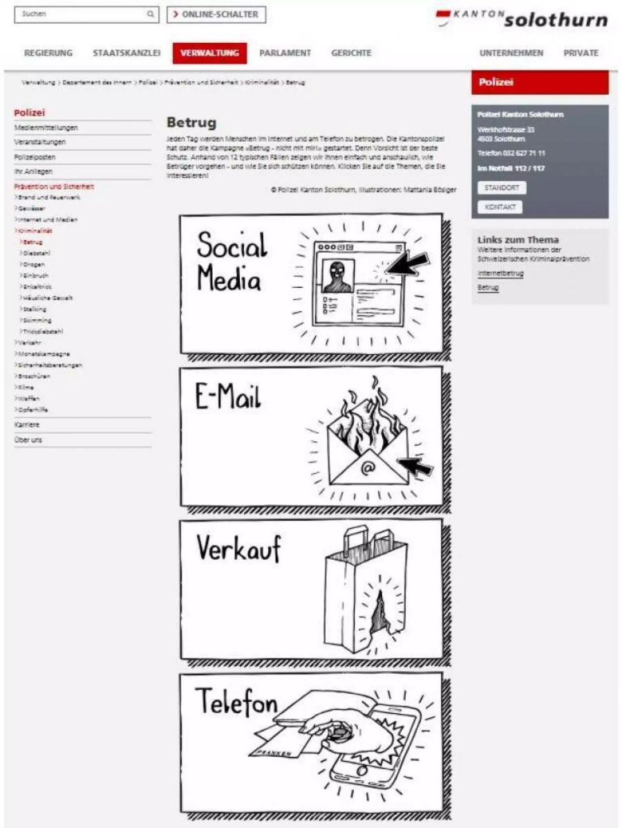 Screenshot der Internetseite des Kanton Solothurns.