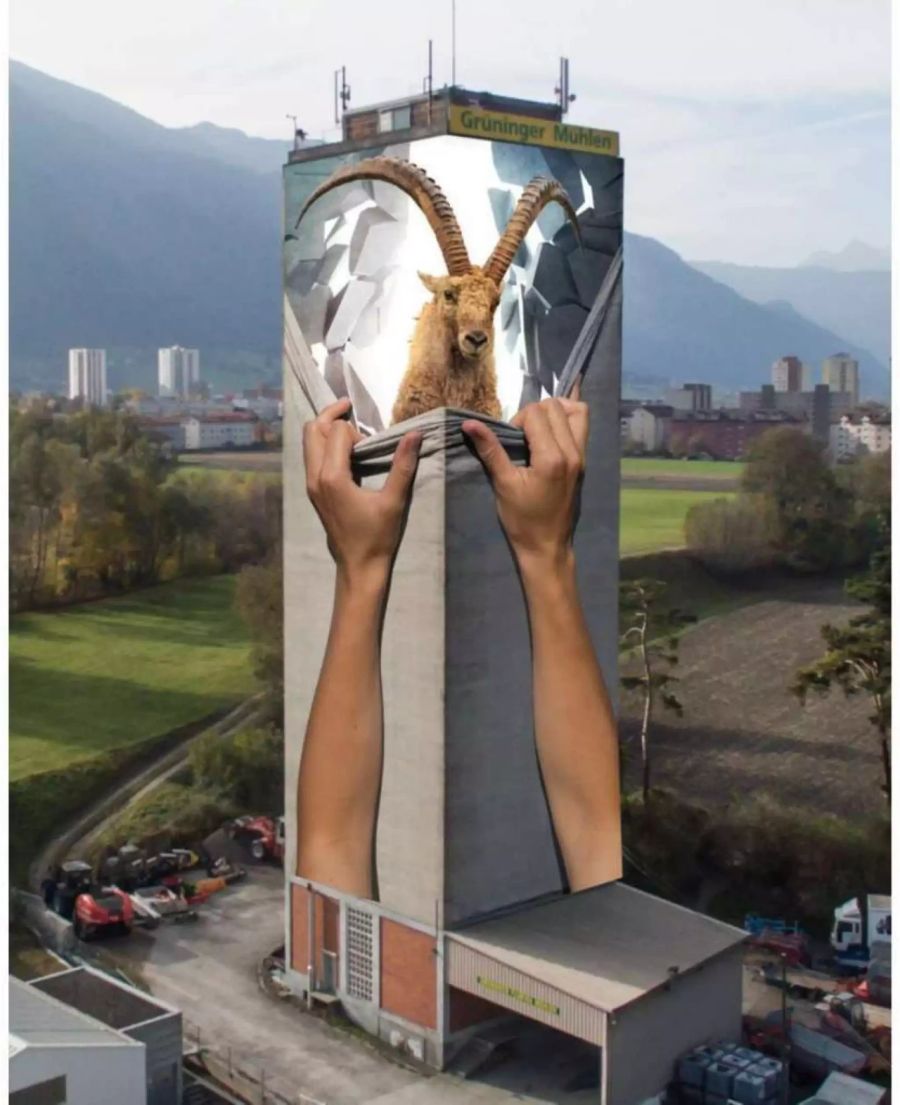 Die Streetartkünstler Bane und Pest machen den alten Churer Mühleturm zum grössten Gemälde der Schweiz. Auf dem Bild ist eine erste Visualisierung zu sehen.