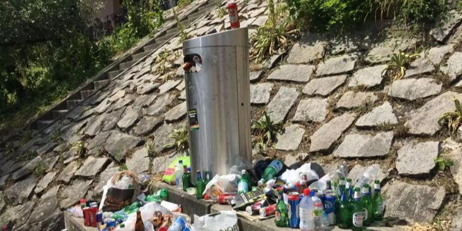 Ein Abfallberg am Rheinufer in Basel.