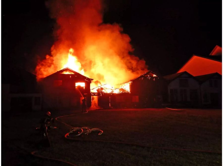 In Flammen stehendes Fabrikgebäude mit Feuerwehrleuten davor - zvg Kantonspolizei Thurgau