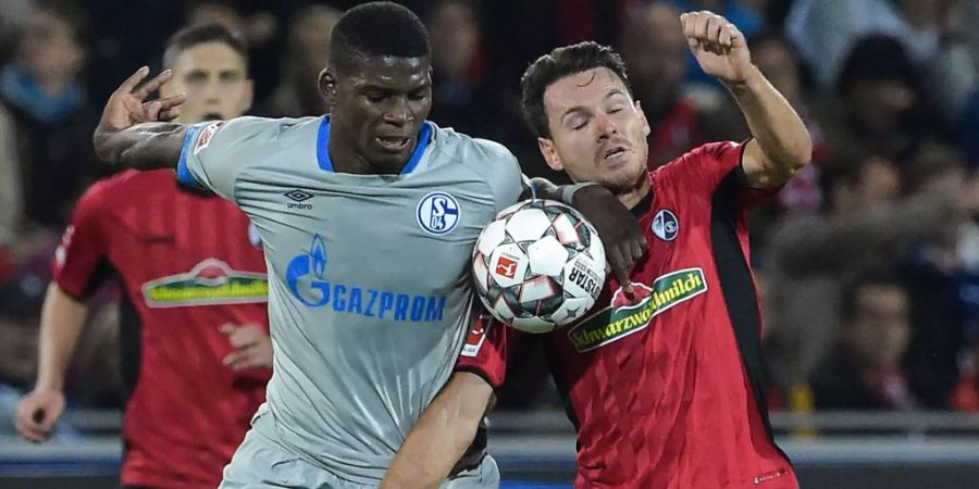 Schalkes Breel Embolo (Mitte) im Kampf mit Freiburgs Nicolas Höfler.