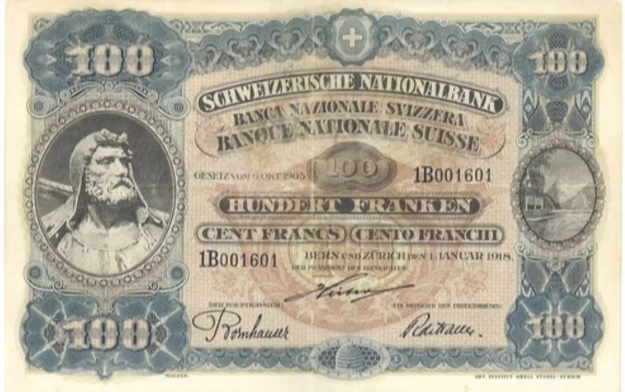 Die dritte Serie der Schweizer Banknoten war eine Reservenote. Auf dem 100er war Tell abgedruckt.