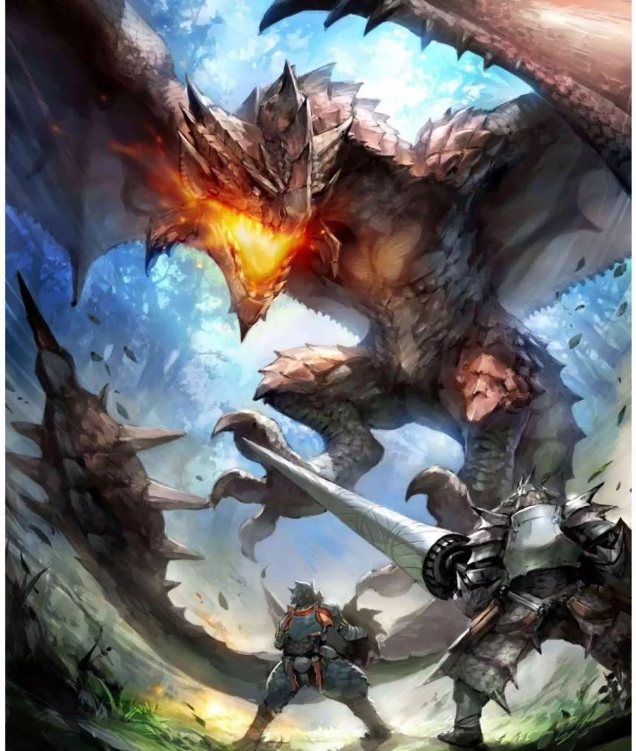 Rathalos aus Monster Hunter ist vor zwei Jägern und wird Feuer spucken. Die Jäger halten Lanze und Schild sowie Schwert und Schild.