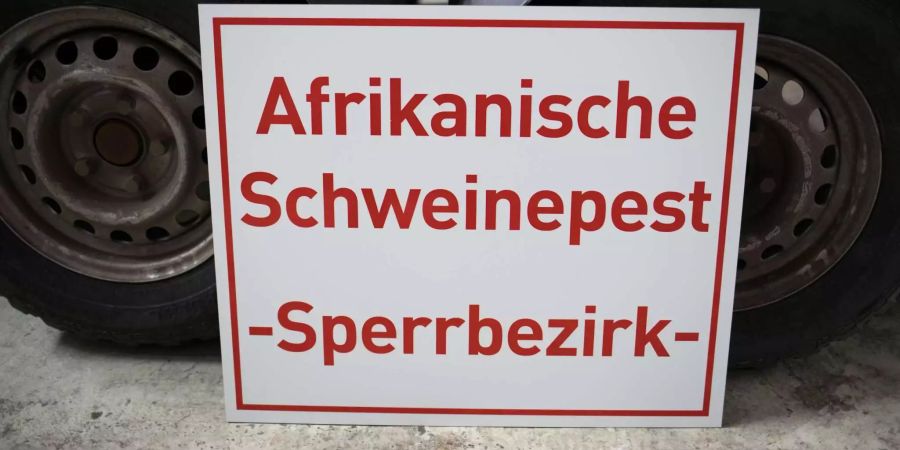 Ein Schild mit der Aufschrift «Afrikanische Schweinepest - Sperrbezirk» in Wetzlar (D). (Symbolbild)