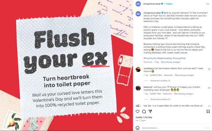 Das Unternehmen bewirbt die Aktion auf Instagram. Unternehmen
