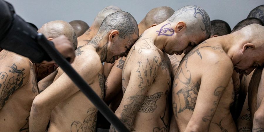 Insassen, die von den Behörden als Bandenmitglieder identifiziert wurden, werden in Tecoluca in das Gefängnis für Terrorismus gebracht. Das Foto wurde von der Pressestelle des Präsidenten von El Salvador zur Verfügung gestellt.