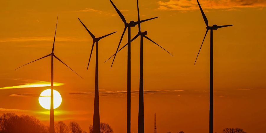 Farbenprächtig geht die Sonne über der Landschaft in Ostbrandenburg mit mehreren Windrädern auf.