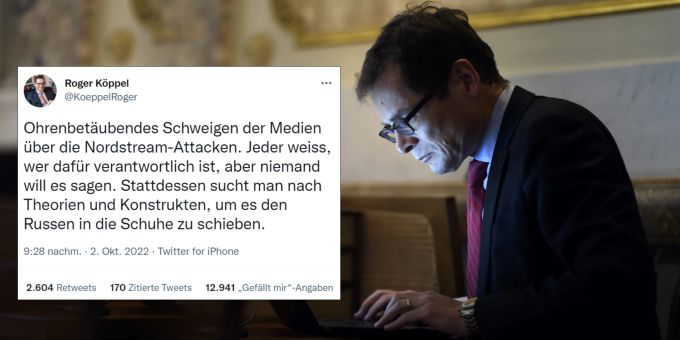SVP-Nationalrat Roger Köppel tippt in der Wandelhalle des Bundeshauses auf seinem Laptop. Er ist überzeugt, die wahren Schuldigen der Nord-Stream-Attacken zu kennen. Roger Köppel Nord Stream