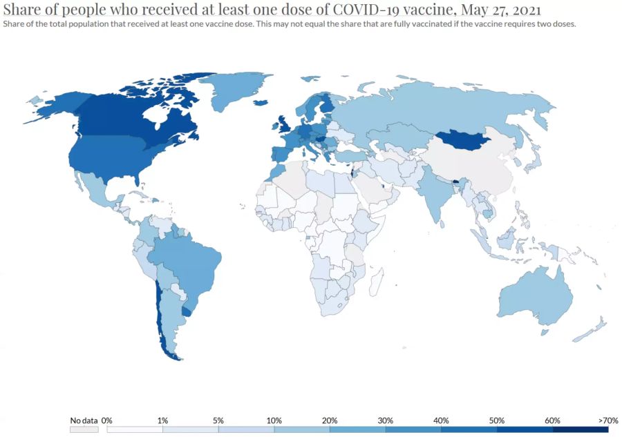 Die Impfquoten der Länder weltweit: Je dunkler, desto mehr Menschen sind bereits geimpft. (Stand: 28.5.)