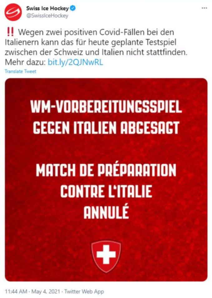 Die Schweizer Eishockey-Nati muss wegen dem Coronavirus auf das Testspiel gegen Italien verzichten. Eishockey Coronvirus