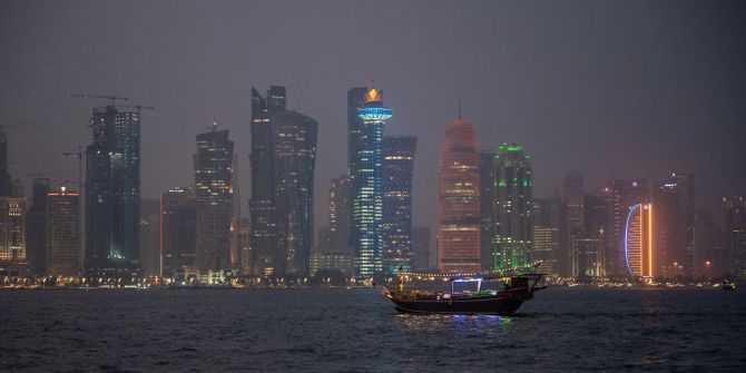 Skyline Dhow Katar Doha Wasser Bucht Nacht