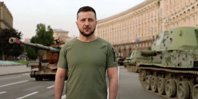 Präsident Wolodymyr Selenskyj während seiner Rede in Kiew zum Unabhängigkeitstag der Ukraine. Präsidialamt der Ukraine/ZUMA Wire/dpa Wolodymyr Selenskyj Ukraine-Krieg