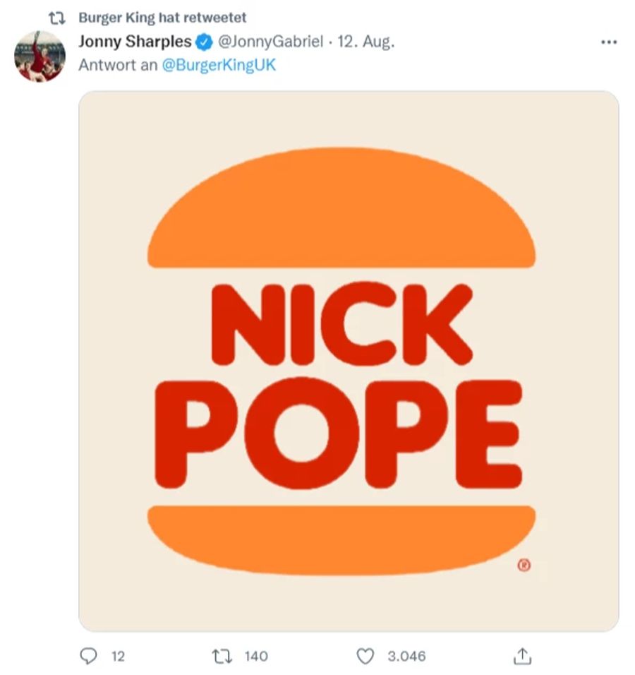 Das Logo von Burger King für Nick Pope.