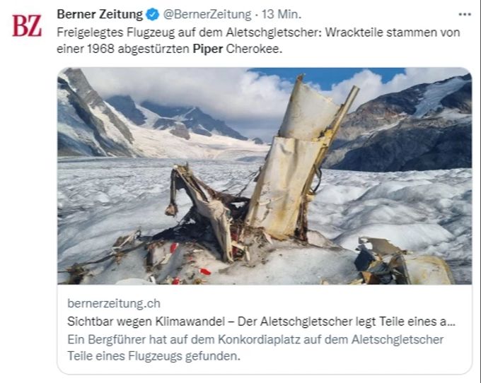 Das Wrack der Maschine auf dem Aletschgletscher. Wrack