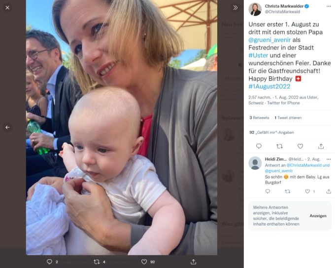 Den 1. August feierte der kleine Michel gemeinsam mit seinen Politiker-Eltern Christa Markwalder und Peter Grünenfelder. Christa Markwalder