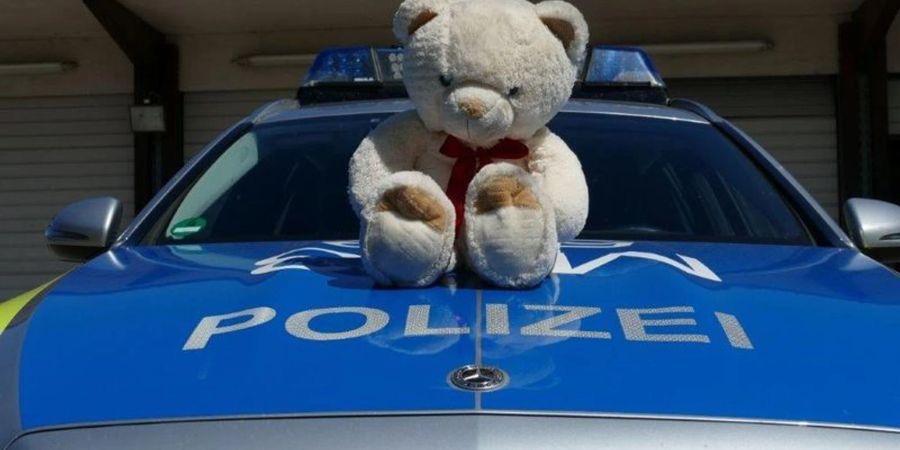 Ein auf der Autobahn 6 gefundener Teddybär sitzt auf einem Polizeiauto. Die Beamten haben das Stofftier nach einer Rettungsaktion zurückgegeben.