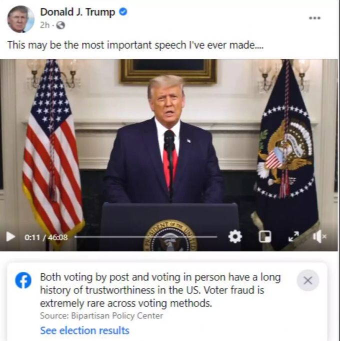 Facebook markierte das Trump-Video mit einem Hinweis, dass die Briefwahl sowohl die persönliche Abstimmung in den USA sicher sei. Donald Trump