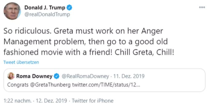 Gretas Tweet ist die späte Antwort auf diese Nachricht von Trump. Greta Thunberg