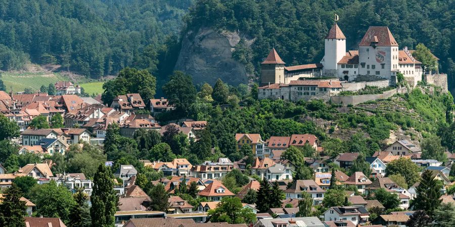 Die Anlage des Schloss Burgdorf mit dem mächtigen Bergfried, dem Berner Wappen, Türmen und Mauern und den Burghügel.