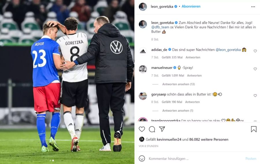 Leon Goretzka gibt nach dem Spiel Entwarnung.