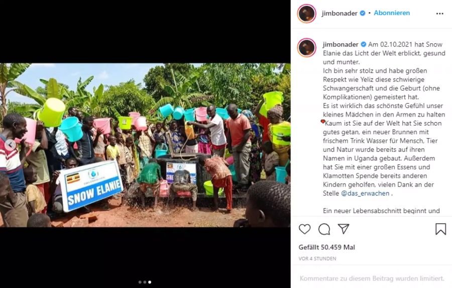 Im Namen der frisch geborenen Tochter von Jimi Blue Ochsenknecht und Yeliz Koc wurde ein Brunnen in Uganda gebaut.