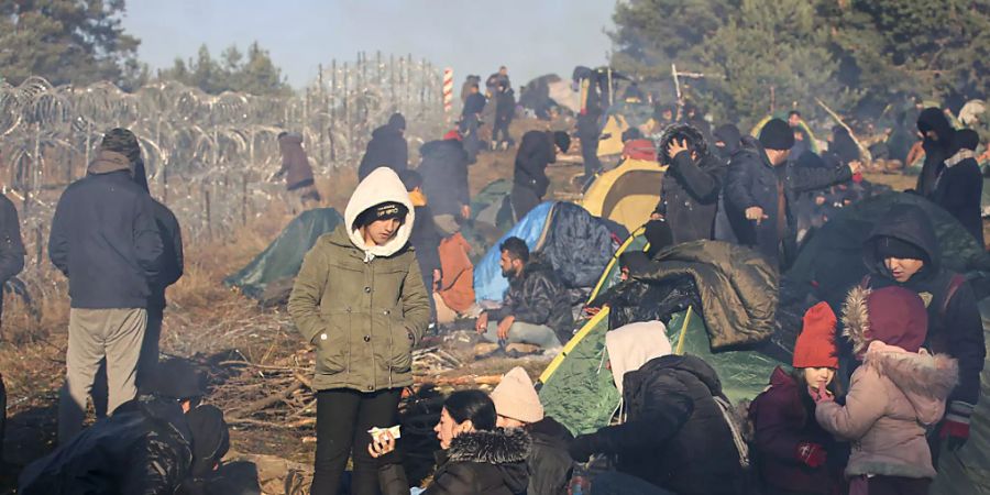 Migranten aus dem Nahen Osten und anderen Ländern versammeln sich an der belarussisch-polnischen Grenze. Foto: Leonid Shcheglov/BelTA/AP/dpa