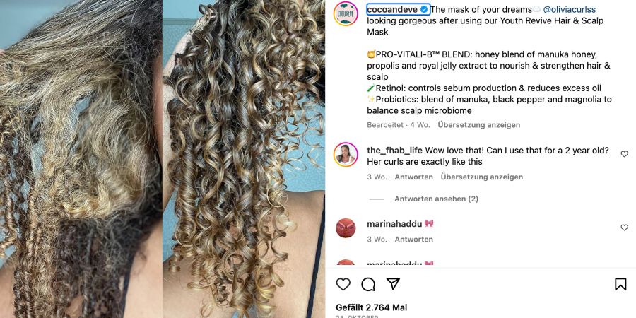 Instagram Vorher-Nachher-Bild von blond-braunen Locken – trocken und gesund.