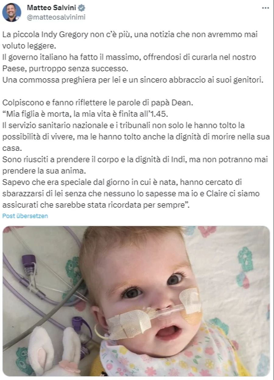 Auch der italienische Vize-Premier Matteo Salvini äussert sich auf X, früher Twitter, zum Fall.