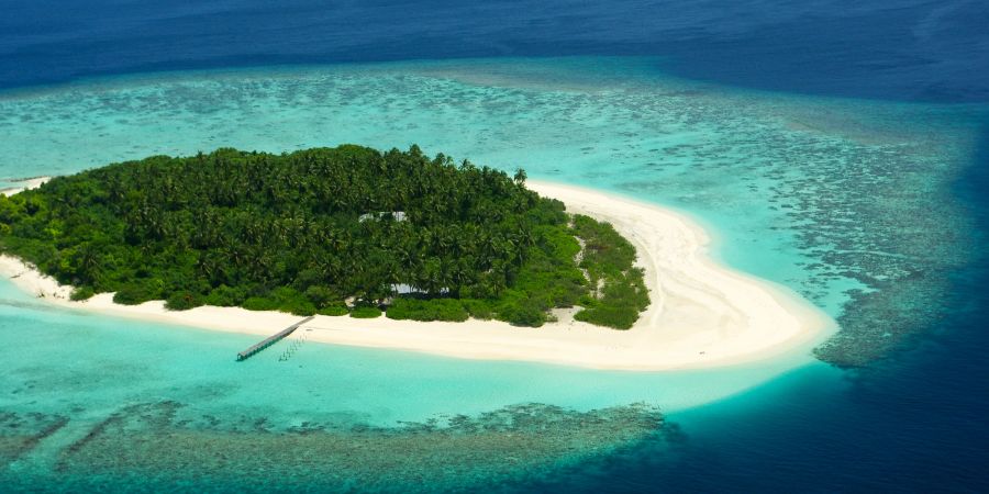 Kleine Insel mit Dschungel und Strand von oben im blauen Meer