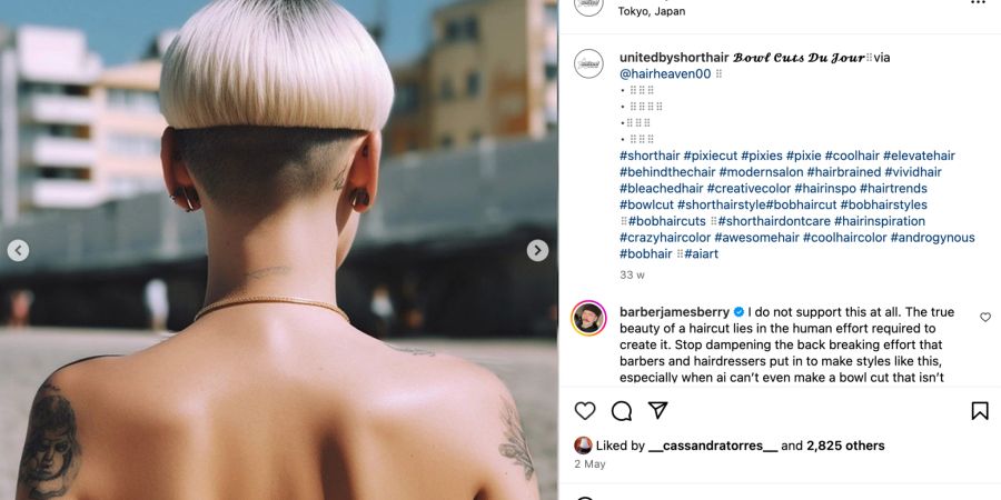 Instagram Post Frau von hinten Oberkörper nackt mit Tattoos und Undercut Bob.