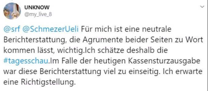Im zweiten Tweet bezeichnet @my_live_8 die Berichterstattung als «viel zu einseitig». Ueli Schmezer Kassensturz Twitter