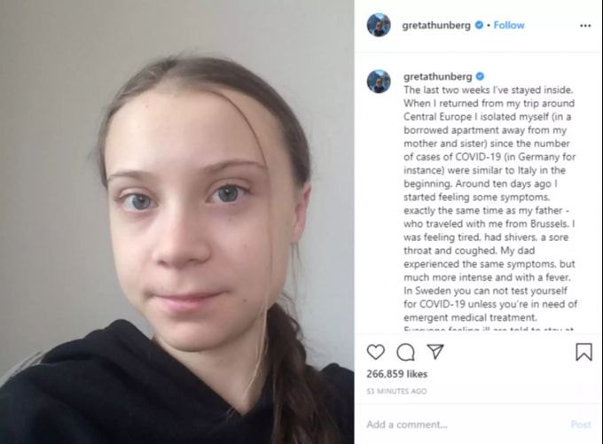 Greta Thunberg sagt, sie habe sich wohl mit dem Coronavirus infiziert. Greta