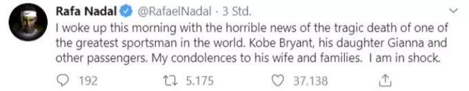 Der Spanier Rafael Nadal trauert um die NBA-Legende.