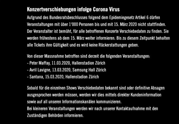 Konzertverschiebung infolge Coronavirus im Hallenstation. hallenstadion