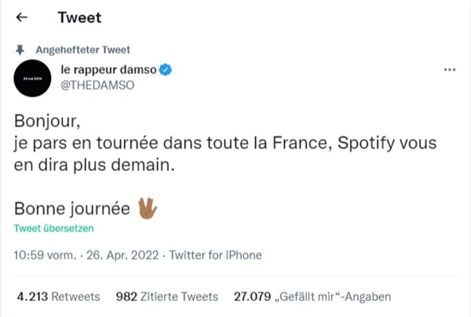 Damso kündet seine Tour auf Twitter an. damso