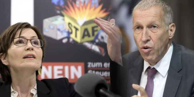 Regula Rytz (Grüne) kämpft gegen, Konrad Graber (CVP) für die Staf Steuervorlage. Staf Steuervorlage