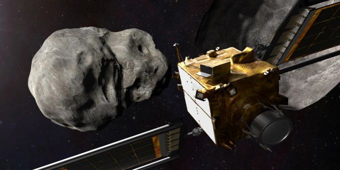 Eine Illustration der Dart-Mission mit dem Asteroiden Dimorphos. Asteroid Dimorphos Dart-Mission