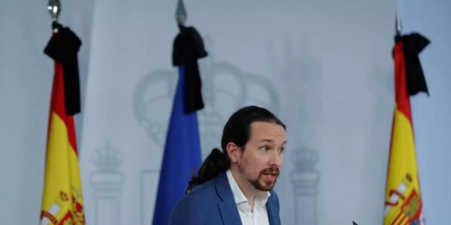 Pablo Iglesias vom Linksbündnis Unidas Podemos bei einer Pressekonferenz zum Grundeinkommen. Foto: Pool/EUROPA PRESS/dpa