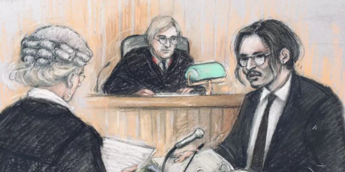 ILLUSTRATION - Diese Gerichtsskizze von Elizabeth Cook zeigt Johnny Depp, Schauspieler aus den USA, bei seiner Anhörung in seiner Verleumdungsklage gegen den Verlag der Boulevardzeitung «The Sun». Foto: Elizabeth Cook/PA Wire/dpa ILLUSTRATION - Diese Gerichtsskizze von Elizabeth Cook zeigt Johnny Depp, Schauspieler aus den USA, bei seiner Anhörung in seiner Verleumdungsklage gegen den Verlag der Boulevardzeitung «The Sun». Foto: Elizabeth Cook/PA Wire/dpa